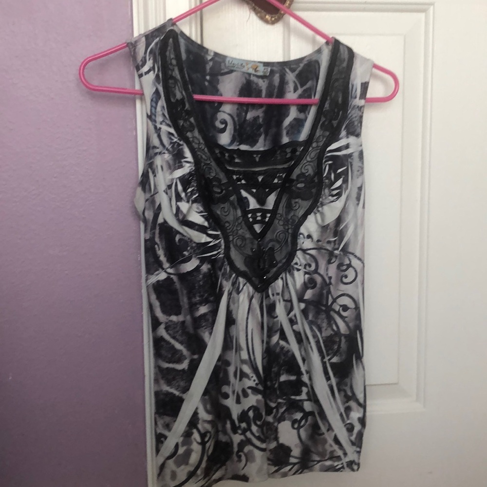 Black, Gray and Blue Satin Blouse with Lace